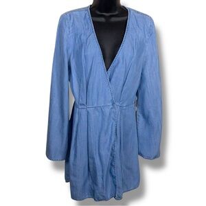 Small Guess Blue Lyocell Long Sleeve Dress Plunge Neckline Wrap Style
